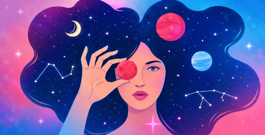 Female Horoscopy – Stree Jataka and Sacred Shakti Abstract illustration of a woman with planets and constellations flowing through her hair