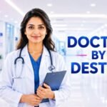 Female doctor with glasses and stethoscope holding a clipboard next to the text Doctor by Destiny