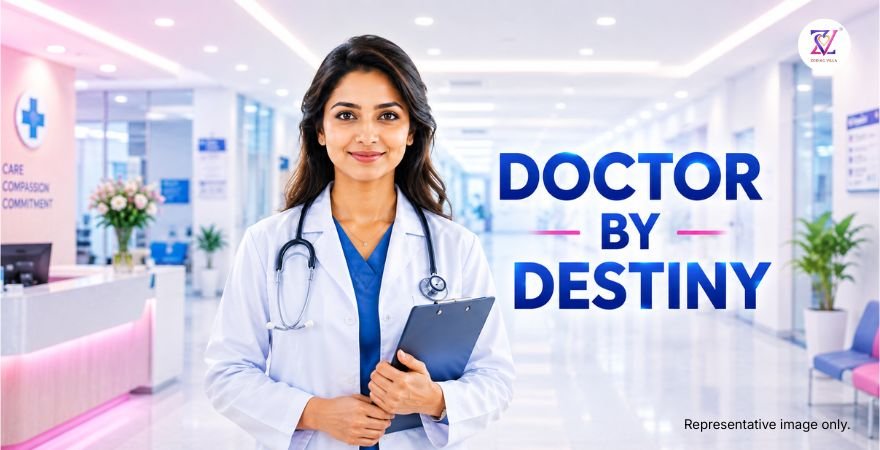 Doctor by Destiny – Medical Astrology for Doctors Female doctor with glasses and stethoscope holding a clipboard next to the text Doctor by Destiny
