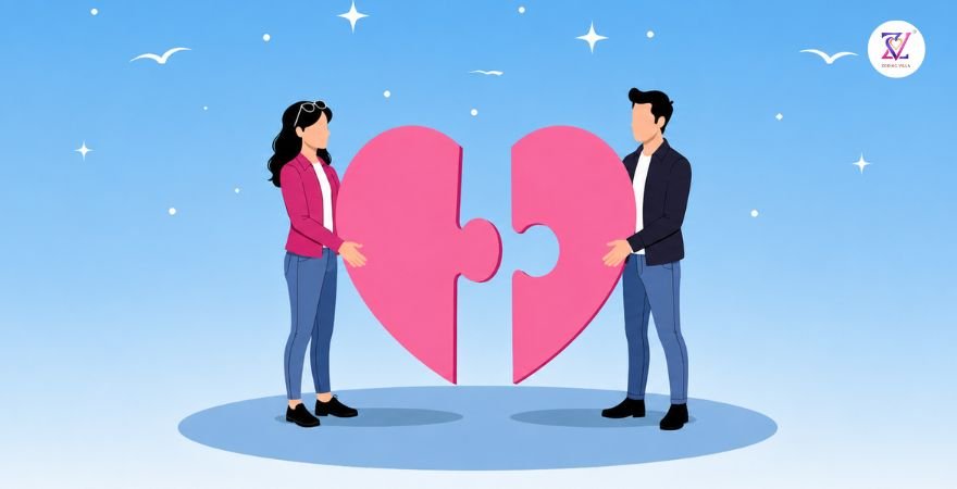 Relationship Astrology and Deeper Connection at Zodiac Villa. Illustration of a couple holding two matching heart puzzle pieces, symbolizing relationship connection and compatibility.