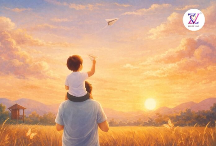 A Child’s Destiny Takes Flight A child sits happily on his father’s shoulders and throws a paper airplane into the glowing sunset sky over a peaceful countryside landscape.