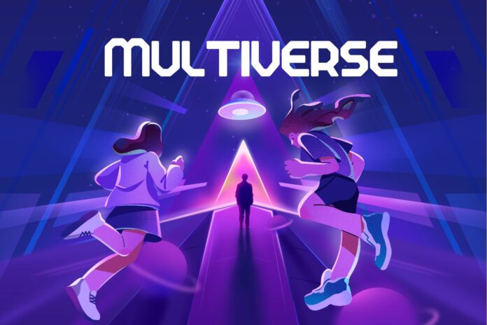 Multiverse Stories and Astrology – Entering Parallel Realities Illustration of two figures running toward a glowing portal inside a futuristic multiverse landscape