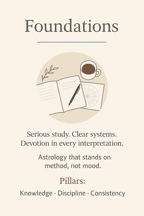 Foundations of Zodiac Villa Astrology Foundations graphic with notebook, pen, astrology chart, and coffee that express serious study and devotional work at Zodiac Villa.
