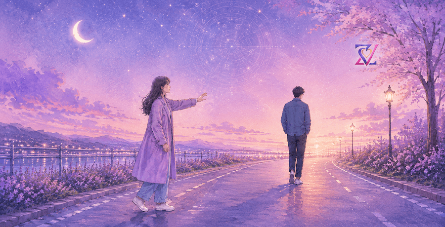 Relationship Timing and Commitment in Astrology Woman calling to a man walking away on a moonlit road, symbolising emotional distance, relationship timing, and commitment hesitation.