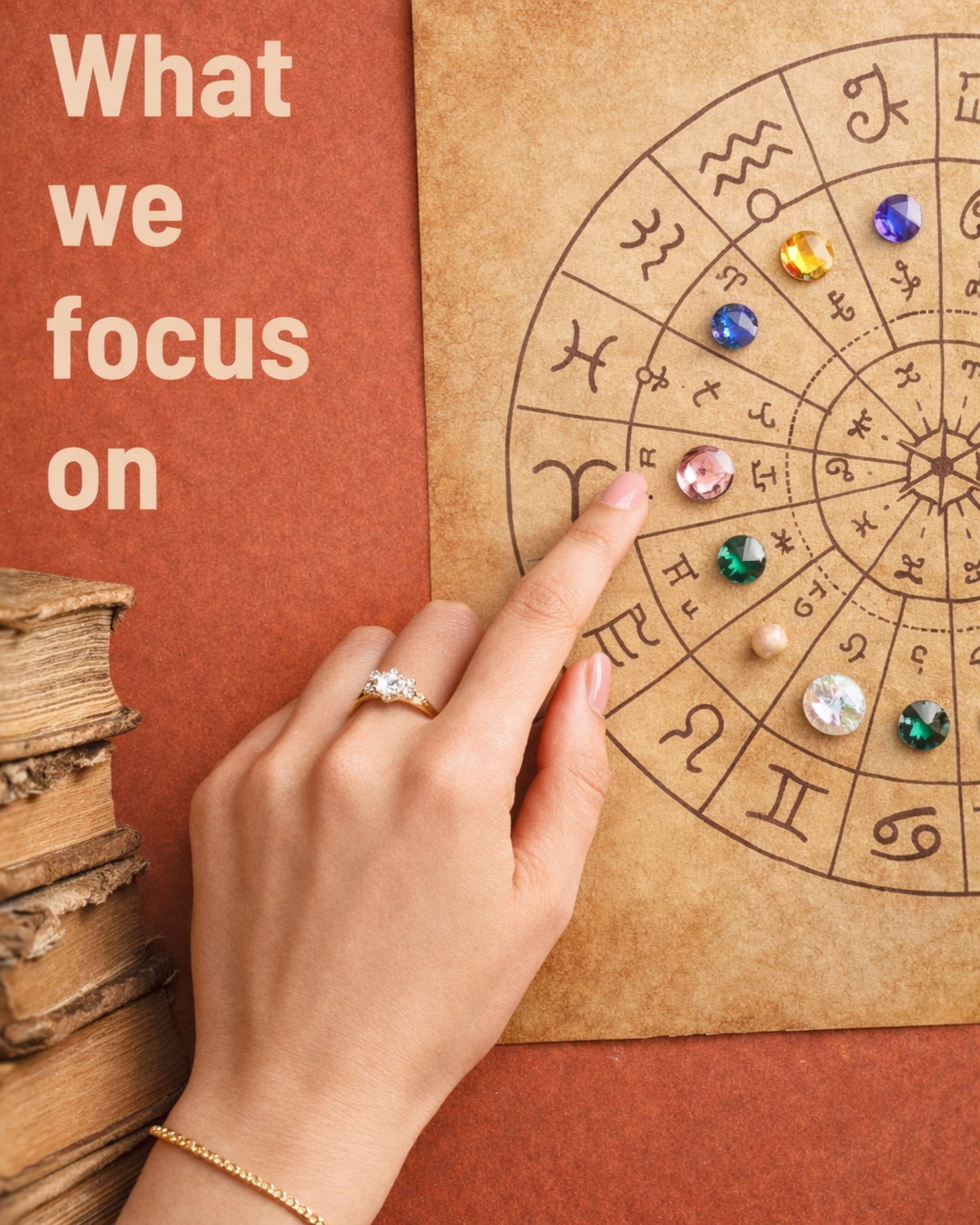 What We Focus On at Zodiac Villa Hand pointing to a zodiac wheel decorated with colorful gemstones that represent Zodiac Villa’s focus areas