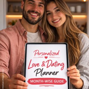 Happy couple holding personalized love and dating planner month wise astrology guide for better relationship timing and connection