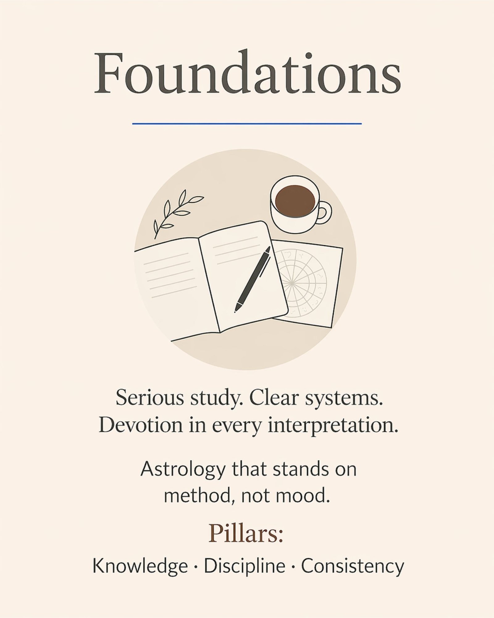 Foundations of Zodiac Villa Astrology Foundations graphic with notebook, pen, astrology chart, and coffee that express serious study and devotional work at Zodiac Villa.