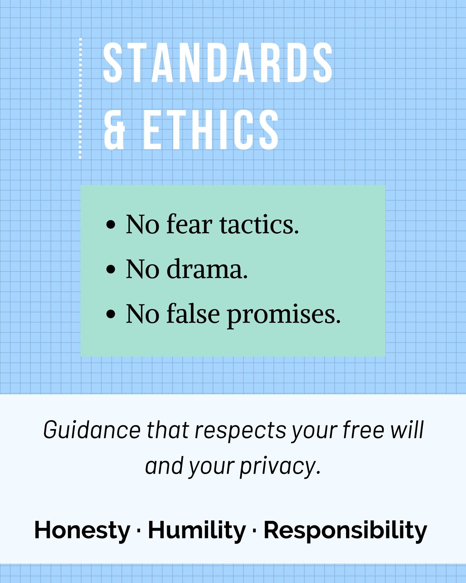 Standards and Ethics at Zodiac Villa Standards and Ethics graphic for Zodiac Villa that lists no fear tactics, no drama, and no false promises.
