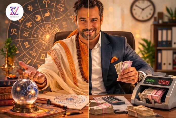 Authentic Astrology vs Commercial Astrology Comparison between a spiritual astrologer and a commercial astrologer highlighting authentic astrology versus profit-driven astrology practices