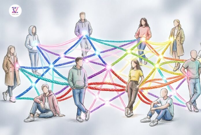 Karmic Relationship Connections Between Individuals Illustration of young men and women connected by colorful threads symbolizing karmic relationships and emotional connections