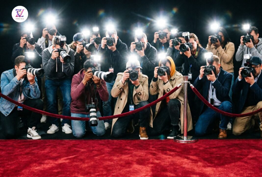 Paparazzi photographers crowd behind a velvet rope on a red carpet with bright camera flashes, symbolizing sudden fame and public attention.