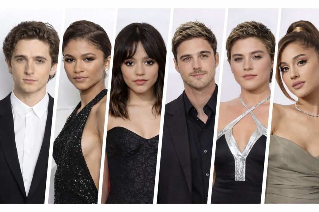 Hollywood celebrities in clean vertical strip layout representing fame and astrology success patterns