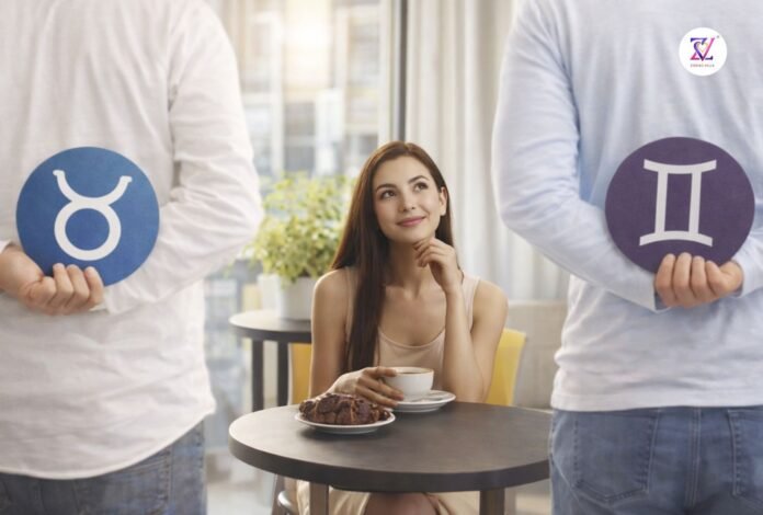 Love Horoscopes: Choosing Between Zodiac Compatibility Options Woman choosing between two zodiac partners in cafe, astro dating and zodiac compatibility concept