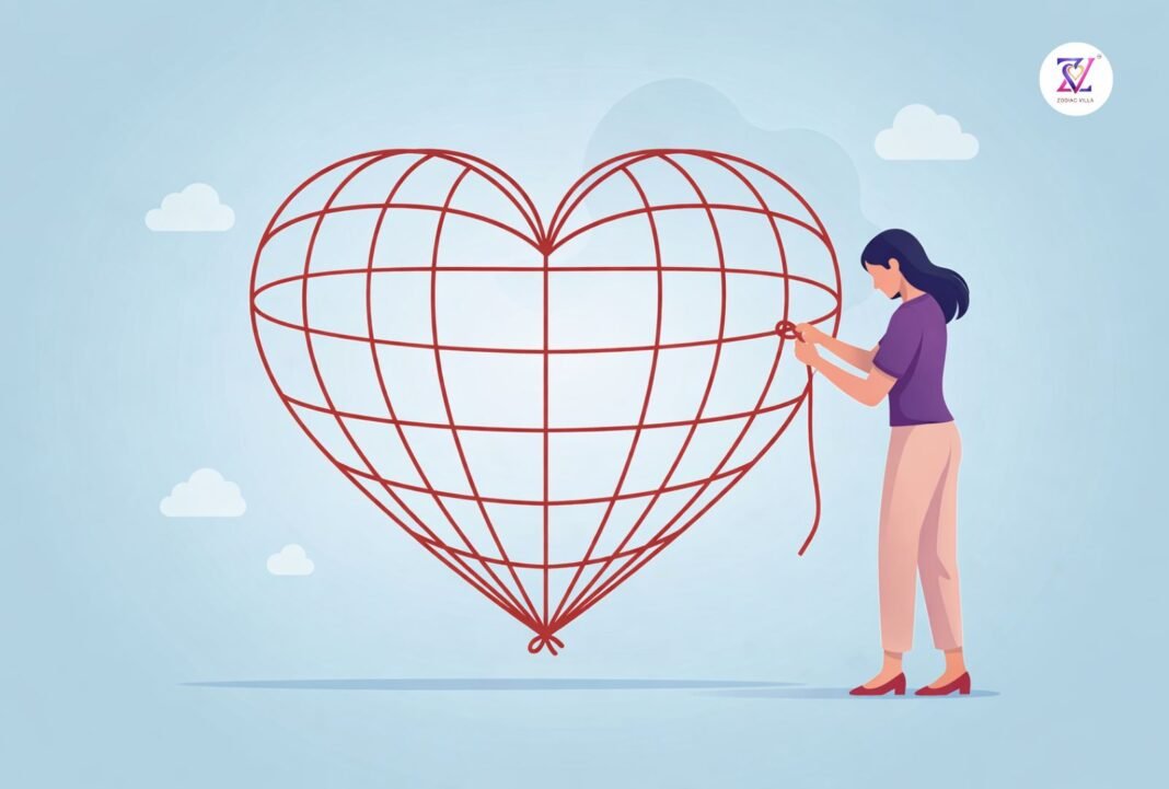 Woman stitching a heart-shaped grid symbolizing relationship cycles and emotional repair