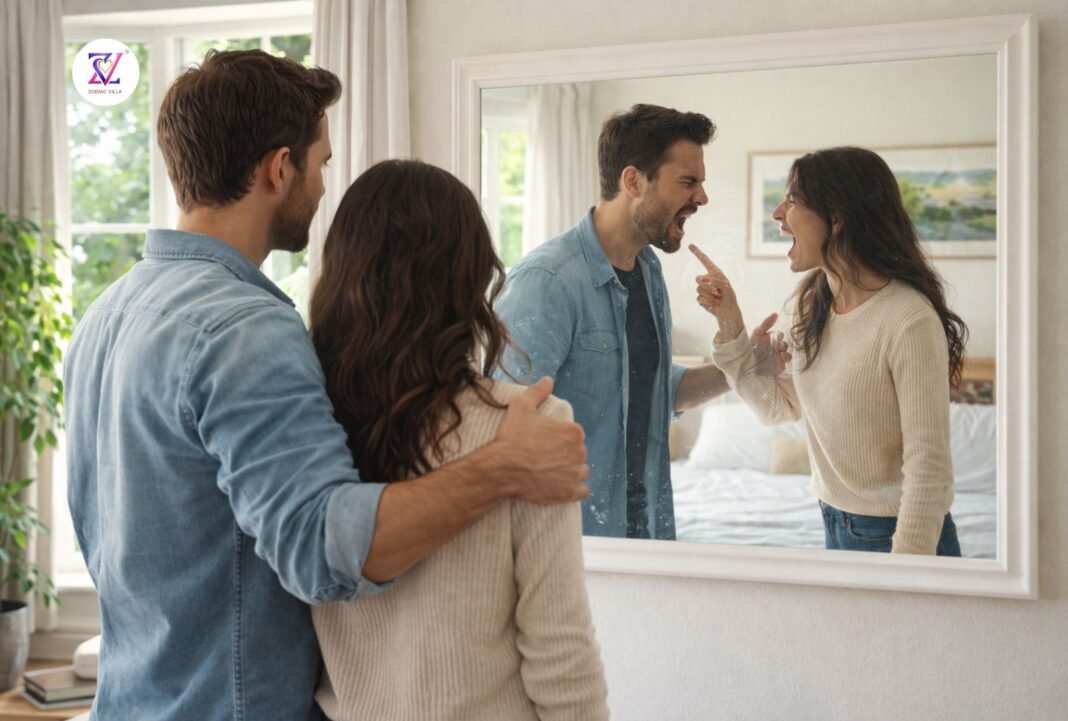 Couple standing calmly looking into mirror while reflection shows them arguing in bright daylight room .