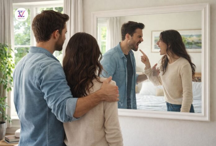 Karmic Bond vs Karmic Bondage Relationship Reflection Scene Couple standing calmly looking into mirror while reflection shows them arguing in bright daylight room .