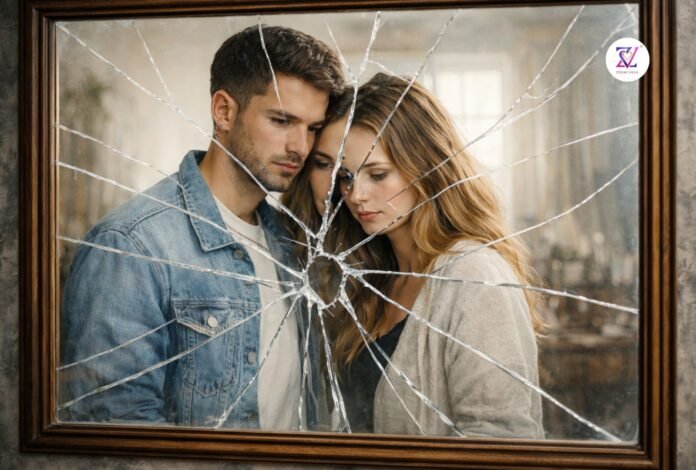 broken mirror reflection couple breakup symbolism young couple looking into a broken mirror symbolizing emotional breakup and reflection