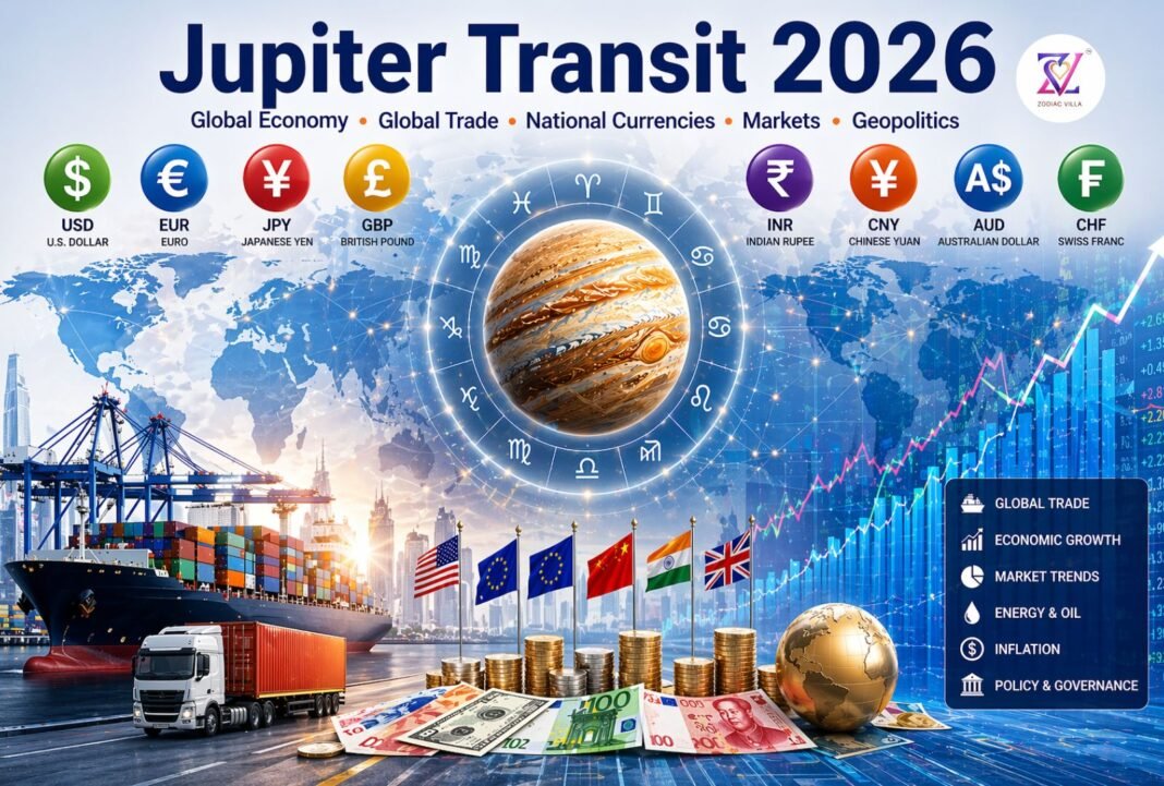 Jupiter Transit 2026 infographic showing global economy, trade, currencies, markets and geopolitics.