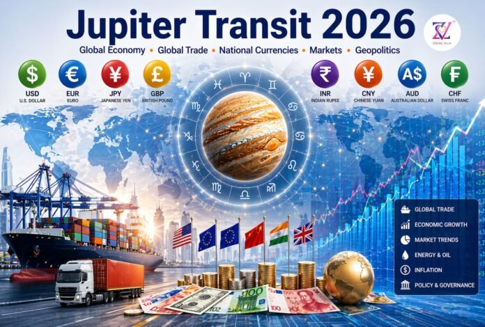 Jupiter Transit 2026 Global Economy and Trade Forecast Jupiter Transit 2026 infographic showing global economy, trade, currencies, markets and geopolitics.