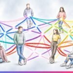 Illustration of young men and women connected by colorful threads symbolizing karmic relationships and emotional connections