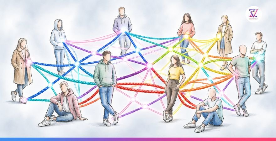 Karmic Relationship Connections Between Individuals Illustration of young men and women connected by colorful threads symbolizing karmic relationships and emotional connections