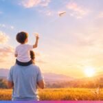 A child sits happily on his father’s shoulders and throws a paper airplane into the glowing sunset sky over a peaceful countryside landscape.