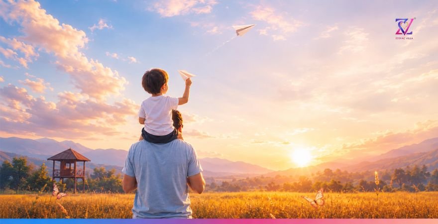 A Child’s Destiny Takes Flight A child sits happily on his father’s shoulders and throws a paper airplane into the glowing sunset sky over a peaceful countryside landscape.