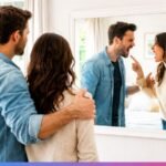 Couple standing calmly looking into mirror while reflection shows them arguing in bright daylight room