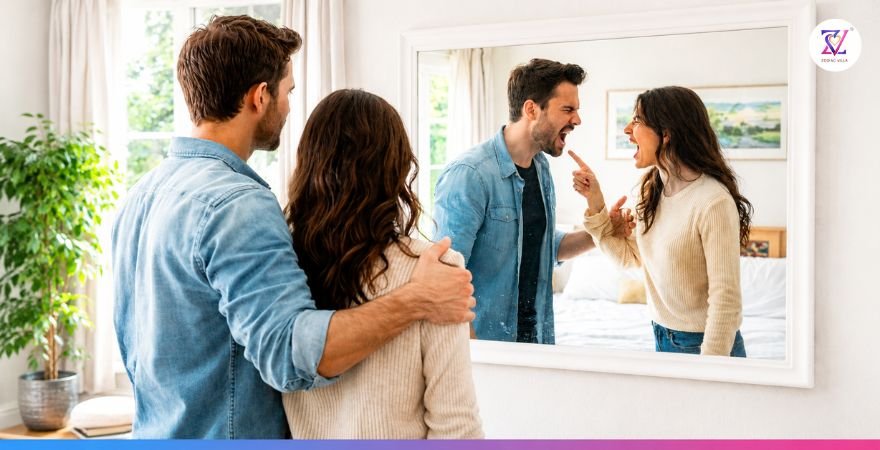 Karmic Bond vs Karmic Bondage Relationship Reflection Scene Couple standing calmly looking into mirror while reflection shows them arguing in bright daylight room