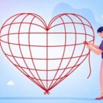 Woman stitching a heart-shaped grid symbolizing relationship cycles and emotional repair