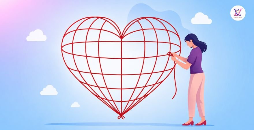 Relationship Is Not Linear It Is Retrograde Concept Illustration Woman stitching a heart-shaped grid symbolizing relationship cycles and emotional repair
