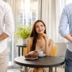 Woman choosing between two zodiac partners in cafe, astro dating and zodiac compatibility concept