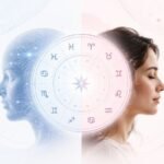 R Split concept image comparing AI astrology and real astrology, with a digital face on one side, a human face on the other, and an astrological wheel in the center.