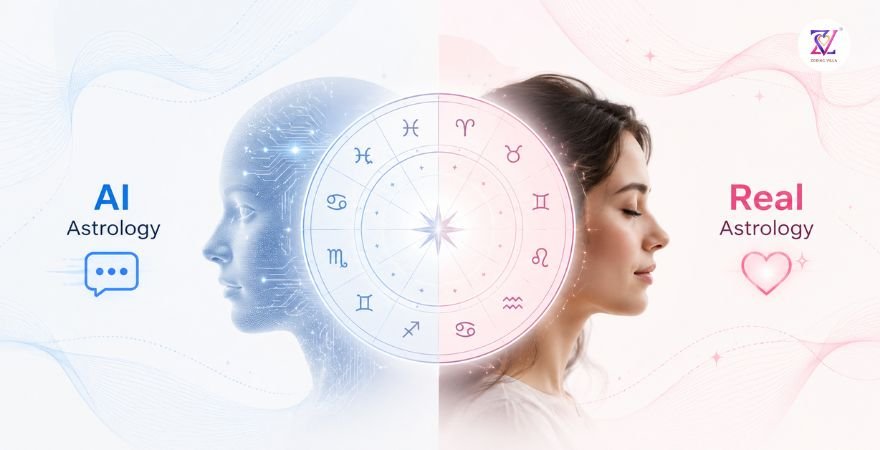 Real Astrology vs AI Astrology in the Age of Algorithms R Split concept image comparing AI astrology and real astrology, with a digital face on one side, a human face on the other, and an astrological wheel in the center.