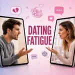 Illustration of a frustrated man and woman on mobile screen showing dating fatigue.