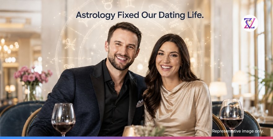 Astrology Fixed Our Dating Life Couple at an elegant hotel restaurant with a Western astrology chart behind them, representing personalized dating timing.