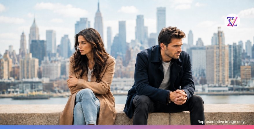 Couple sitting apart with a New York skyline behind them, showing emotional distance and loneliness in a relationship.