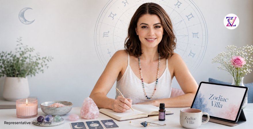 Relationship Detox with Astrology Woman journaling at a spiritual table with crystals, candle, zodiac chart, and Zodiac Villa tablet for relationship detox astrology article