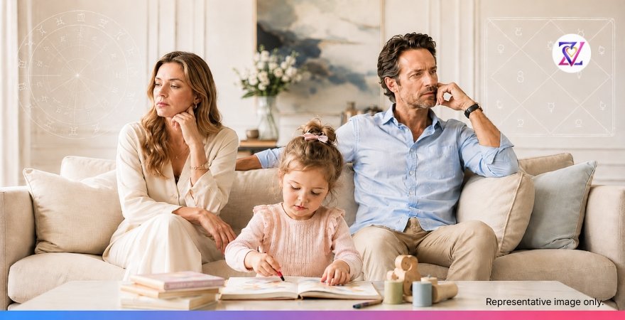 Staying Together for the Kids in a Troubled Marriage Child drawing quietly while emotionally distant parents sit behind her in a tense home, with subtle Vedic and Western astrology charts.