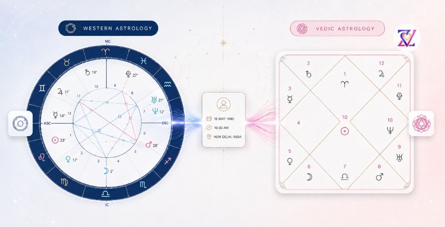 Why Astrology Websites Give Different Birth Chart Readings Western and Vedic birth charts showing why astrology websites can give different readings