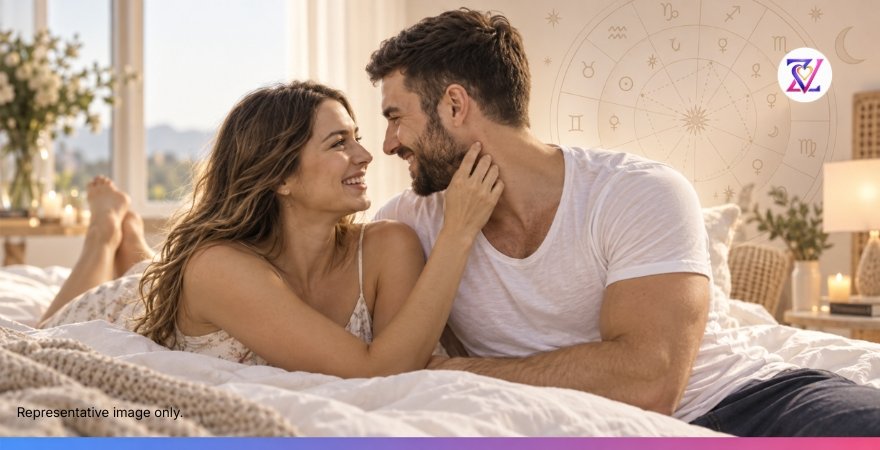 Couple sharing an intimate moment in bed, illustrating sexual compatibility in astrology, intimacy, attraction, and relationship chemistry.