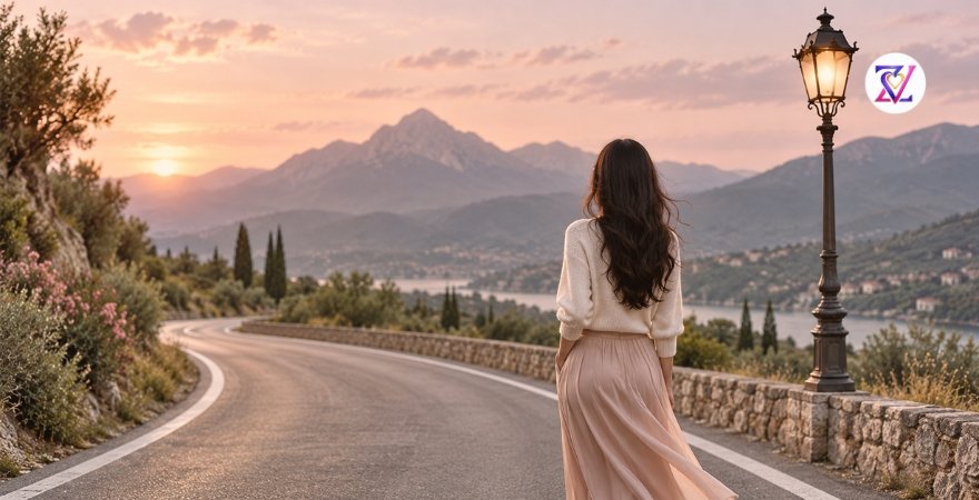 Woman at a Relationship Crossroads Woman standing on a winding road at sunset, symbolizing relationship choices and emotional reflection.