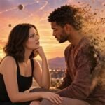 Retrograde planets and karmic relationships symbolized by a couple facing separation as one partner fades into cosmic dust