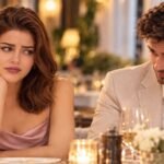 Couple experiencing an awkward moment on a first date at an elegant restaurant
