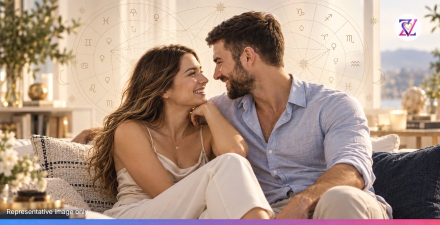 Sexual attraction in synastry shown through a romantic couple and astrological chart symbols