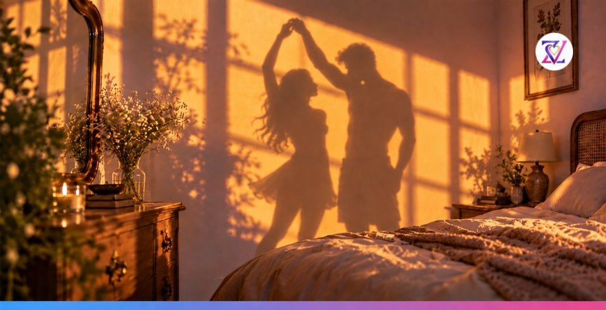 Questioning Monogamy and Relationship Choice Shadow silhouettes of a couple dancing in a sunlit bedroom, symbolizing questions around monogamy, attraction, and relationship choice.